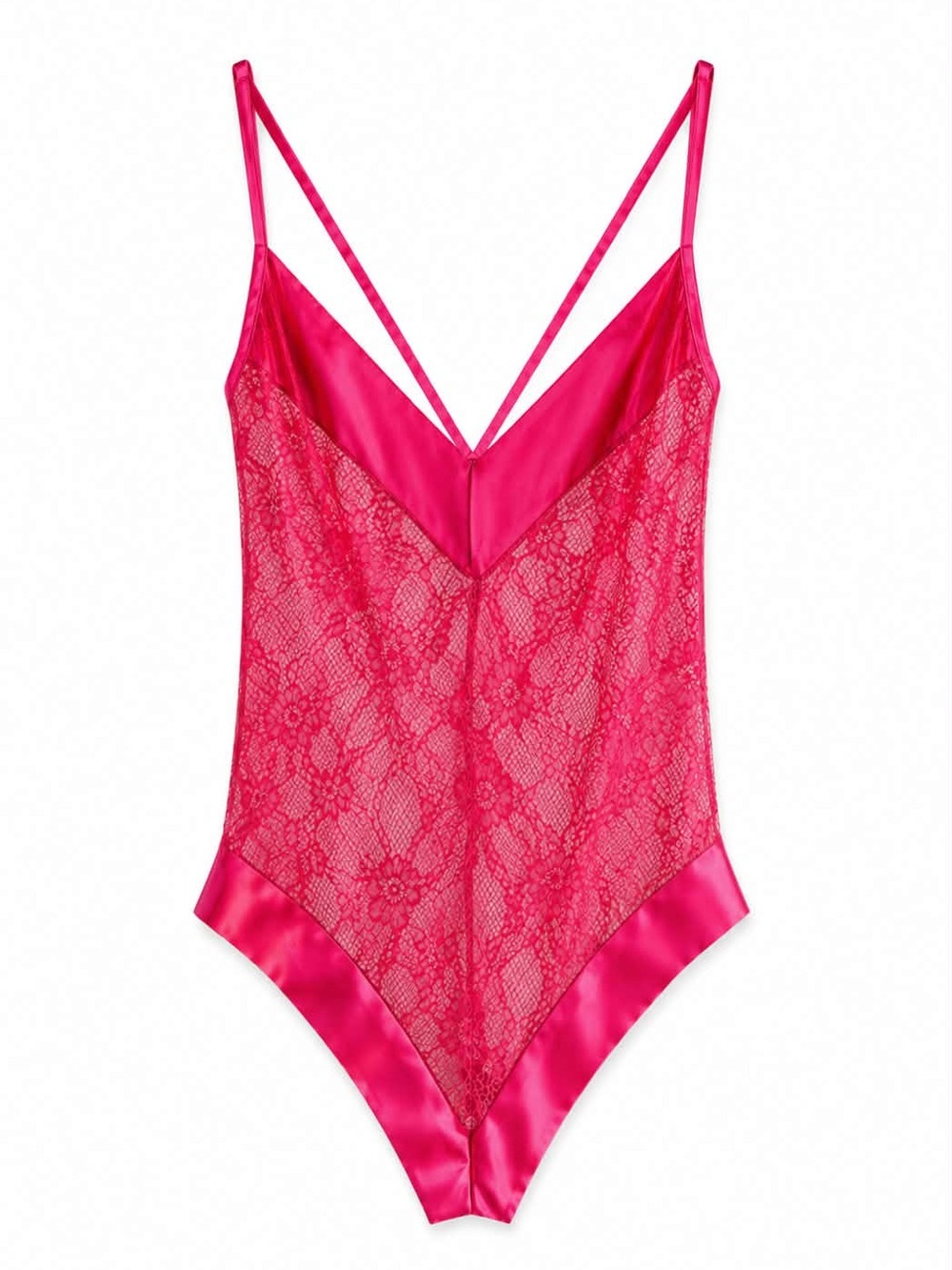 La Vie En Rose Hot Pink Floral Mesh Lace Satin Trim Bodysuit – Size XXL EUC